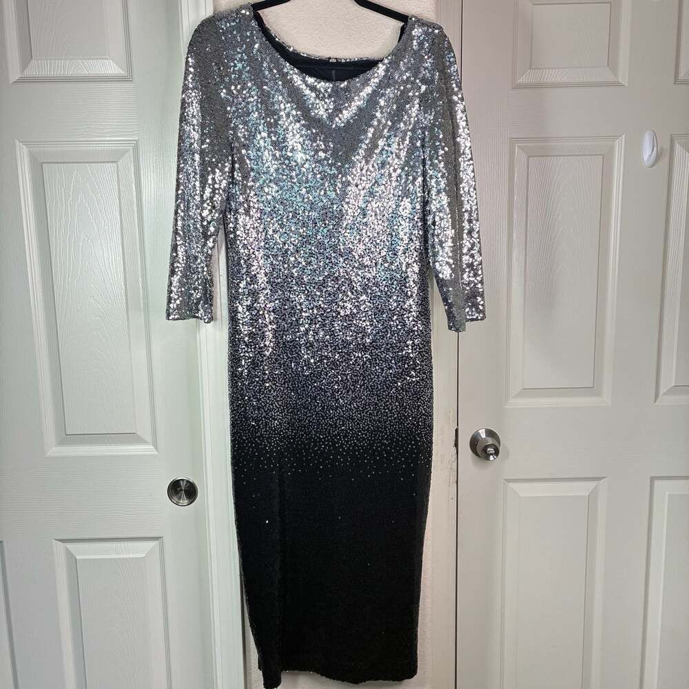 Premier Amour Silver and Black Sequin Ombre Long Sleeve Sheath Dress Size 16